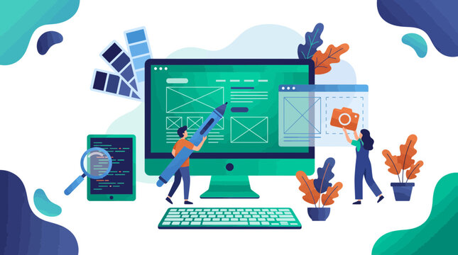 Male UI designer and female web developer building website interface wireframe on desktop computer and tablet, concept for digital agency service, user experience design and software development