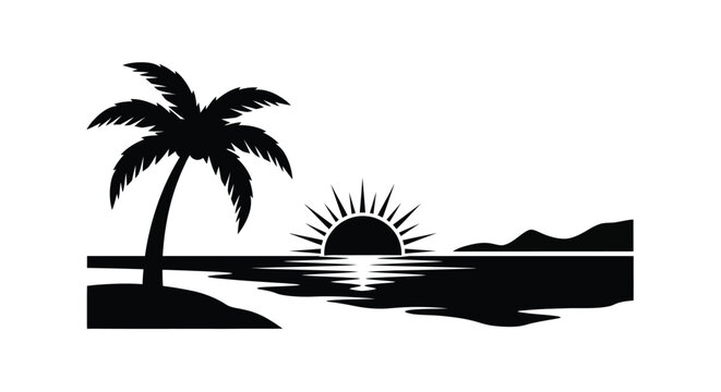 A striking black and white illustration depicts a tropical beach scene at sunset featuring palm trees and a sun silhouette high quality professional detailed
