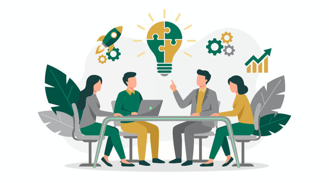 Professional marketing directors and product managers collaborating at office meeting table with puzzle lightbulb icon, concept for creative brainstorming, corporate strategy and startup growth
