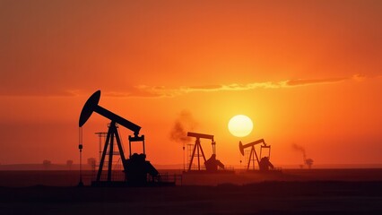 Naklejka premium silhouette oil pumpjacks at sunset desert field energy crisis and crude price rise concept