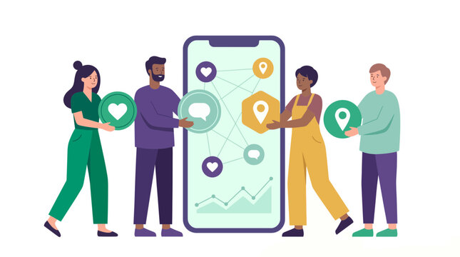 Diverse digital marketing managers holding social media icons around a large smartphone display, concept for social media strategy, mobile app engagement and digital networking growth