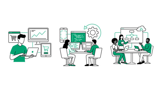 Professional software developers and business analysts collaborating on digital data analysis with workflow systems, concept for software engineering, project management and digital growth