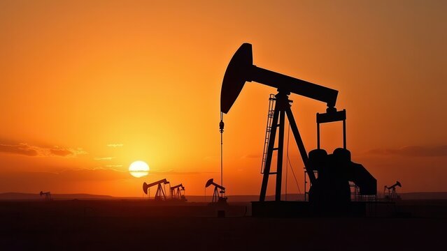silhouette oil pumpjacks at sunset desert field energy crisis and crude price rise concept