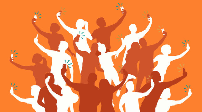 Silhouettes of marketing directors and social media managers holding smartphones on orange background, concept for digital branding, mobile marketing and viral networking