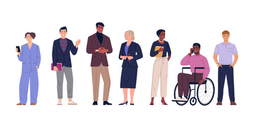 Obraz na płótnie Canvas Business Team Collection. Vector cartoon illustration of a group of diverse people in business outfits standing together. Isolated on a transparent background.