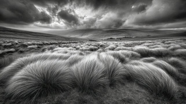 Dramatic wind swept prairie grass creating flowing lines and textures under stormy skies