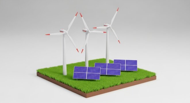 3d isometric illustration of wind turbines and solar panels on a patch of green grass