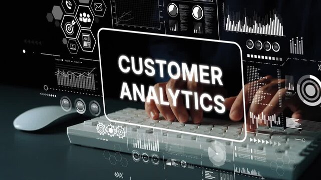 Modern Business Digital Workspace with Customer Analytics Data Visualization and Keyboard Input Representation. Asymptotic smart data analytic.