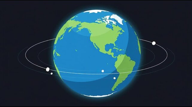 Animated Earth Globe Rotating with Orbiting Satellites in Dark Space Background
