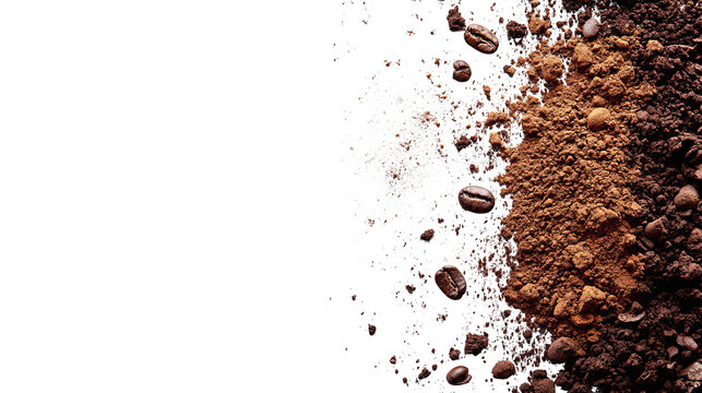 Dark image with coffee beans, grounds, and sugar dust bordering the right edge