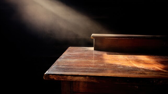 silent. Moonlight streaming through a window onto an empty wooden desk, creating a serene and contemplative late-night atmosphere. wellbeing guides.