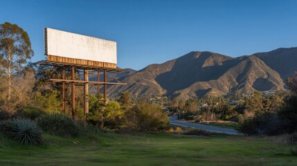 Obraz premium Tall, weathered billboard structure with a blank white display stands against a backdrop of rolling mountains under a clear blue sky