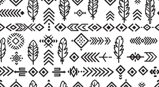 Tribal, feather, arrow, geometric pattern, black and white vector icons, 40 elements