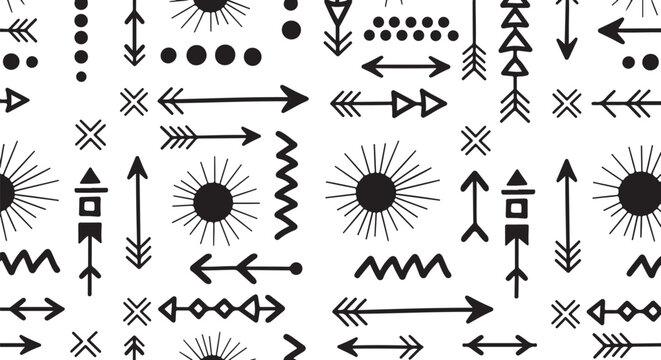Black and white tribal arrow icons, geometric symbols, bohemian design elements, vector illustrations