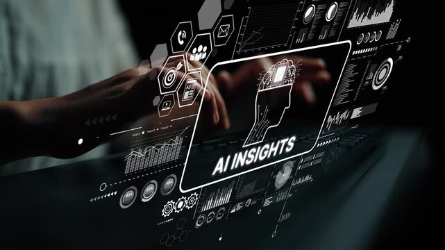 Hands typing on a digital interface showcasing AI insights and data analytics with futuristic graphics and charts. Asymptotic smart data analytic.