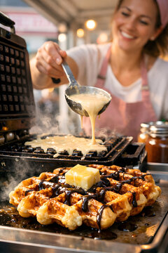 Golden belgian waffles being made with melting butter and chocolate syrup at a brussels cart