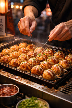 Japanese takoyaki street food making process in osaka festival with vendor flipping octopus balls 