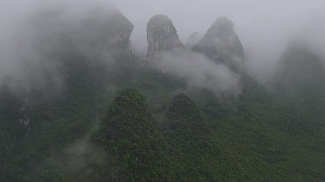 Flying though the Karst Mountains Mist Yangshuo Guilin China