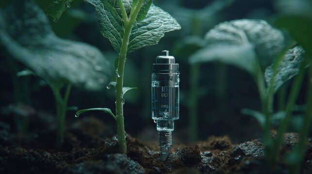 Close-up of a micro-irrigation emitter precisely delivering water to a young plant in fertile soil