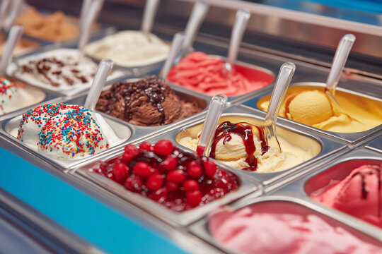 Ice cream bar with multiple toppings and syrups, self-serve concept, bright and inviting composition