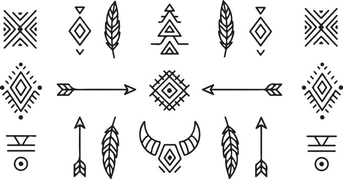 Tribal, bohemian, feather and arrow icons, black line art, 16 vector graphics