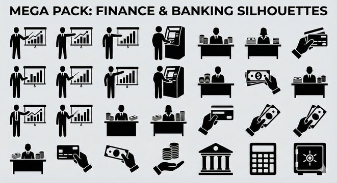 Mega pack of finance and banking silhouettes featuring business presentations, ATMs, bank tellers, money, and credit cards
