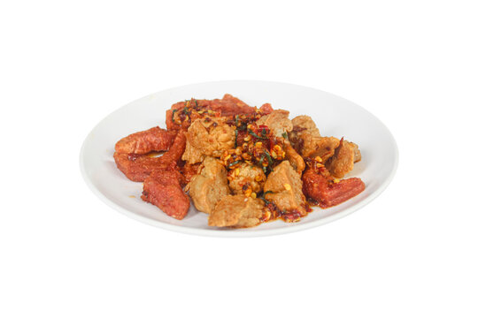 Indonesian Spicy Fried Meatball and Sausage Snack with Chili Flakes