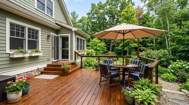 Relaxing outdoor living space with fresh wood finish and garden scenery.