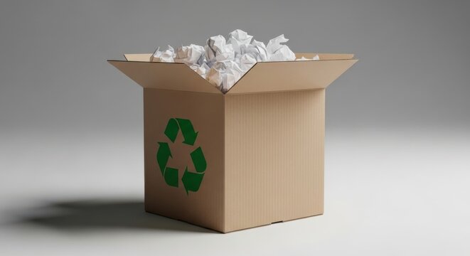 Cardboard box filled with crumpled white paper waste for recycling
