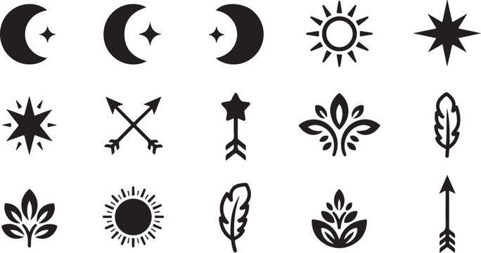 Boho celestial icons, moon phase symbols, sun and star vector set, black bohemian motifs