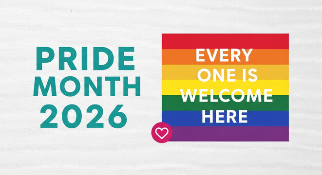 Colorful image with words Pride Month 2026 and rainbow stripes with text. Symbolizes community, diversity, inclusion, and support for pride