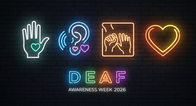 Neon graphic with hand, ear, sign language, and heart shapes against dark brick, represents deaf awareness, support, and inclusivity