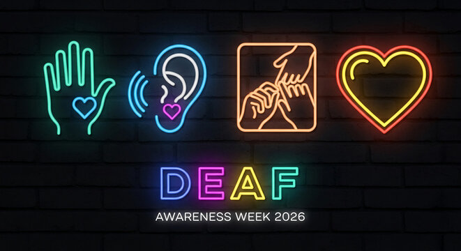 Neon sign with hand, ear, gesture, heart on brick wall. It symbolizes Deaf Awareness week. Multi-colored letters and linear drawing.