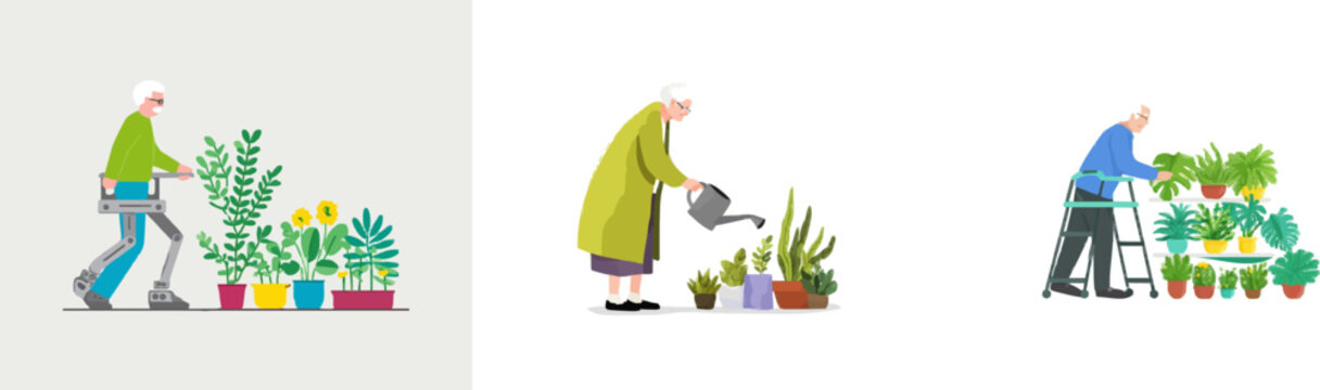 An elderly man with a silver beard uses a lightweight exoskeleton to tend vibrant plants in a minimalist garden scene, symbolizing the silver economys focus on active aging and sustainable living