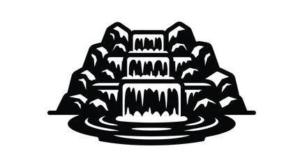 A striking black and white image showcases a tiered waterfall cascading down rocky terrain into a serene pool presented as a silhouette high quality © rsvect02