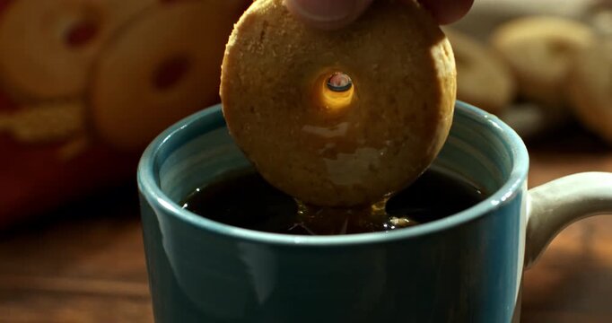 Slow Motion Of Hand Dipping Round Cookie Into Hot Coffee In Ceramic Mug With Warm Light And Breakfast Atmosphere. Concept Of Morning Routine And Comfort Food
