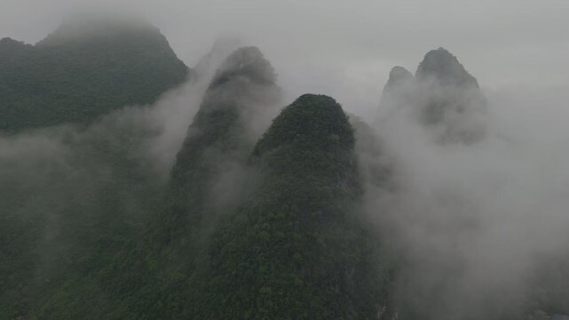 Flying though the Karst Mountains Mist Yangshuo Guilin China
