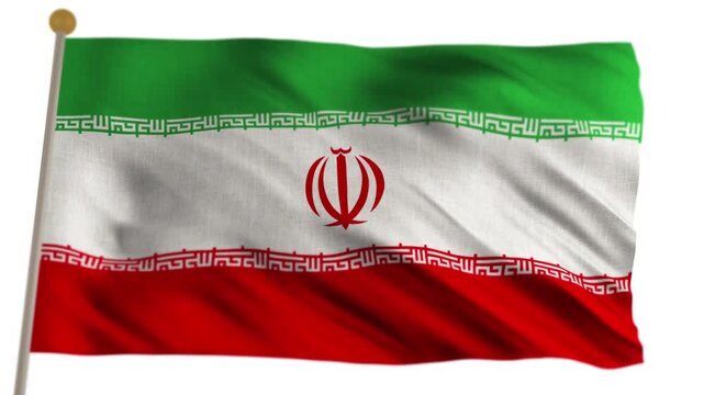 Seamless loop of the official national flag of Iran with emblem waving on a white background. High quality 3D render animation of the Iranian flag.