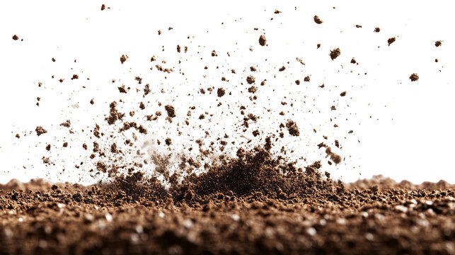Eruption of soil particles against a stark black background, highlighting a burst