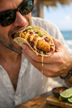 Crispy fish tacos editorial street food photography close-up coastal traveler taking bite beach shack sunlight