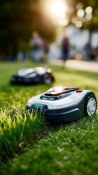 Smart garden technology with robotic lawn mower on backyard grass