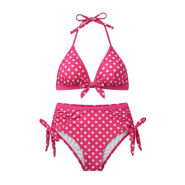Pink polka dot bikini set with adjustable straps and bow details