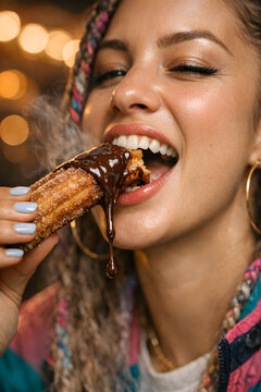 Golden churros with chocolate sauce bite at carnival street food stall with young woman