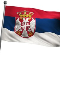 Seamless loop of the official national flag of Serbia with the coat of arms waving on a pure white background. High quality 3D render animation.