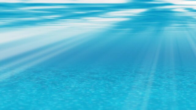 A refreshing seamless loop of bright cyan underwater aqua water. Intense sun light prelamation and caustics patterns shining on the clean pool or tropical ocean floor. High quality 3D render.