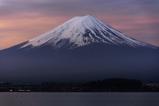 Iconic view of Mount Fuji and Lake Kawaguchi at sunrise, Japan.