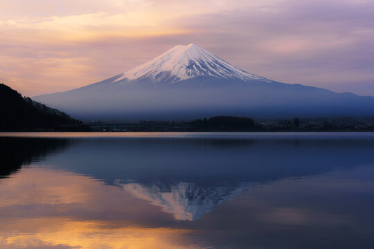 Mount Fuji reflected on Lake.