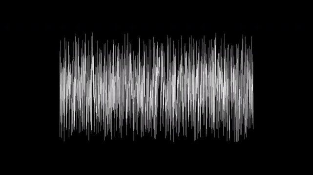 A rhythmic white sound wave frequency animation with sharp audio spikes on a black background. Ideal for music visualizers, podcast backgrounds, and audio-reactive video overlays.
