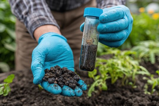 Agronomist Holding Dark Soil Sample in Blue Gloves with Test Tube for Analysis in Garden &mdash; Agriculture Soil Quality Testing Concept