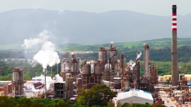 Aerial view of a sprawling industrial complex with billowing smoke, amidst lush greenery, contrasting with the stark gray of the structures, San Roque, Andalusia, Spain.